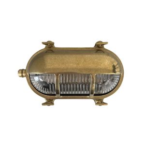 Oval eyelid bulkhead light in solid natural brass and rated IP64, on white background.