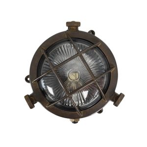Mini Compass Guard bulkhead light in solid antique brass and IP44, on white background.