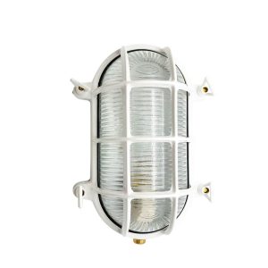 Large solid brass oval bulkhead light in white and rated IP64, vertical on white background.