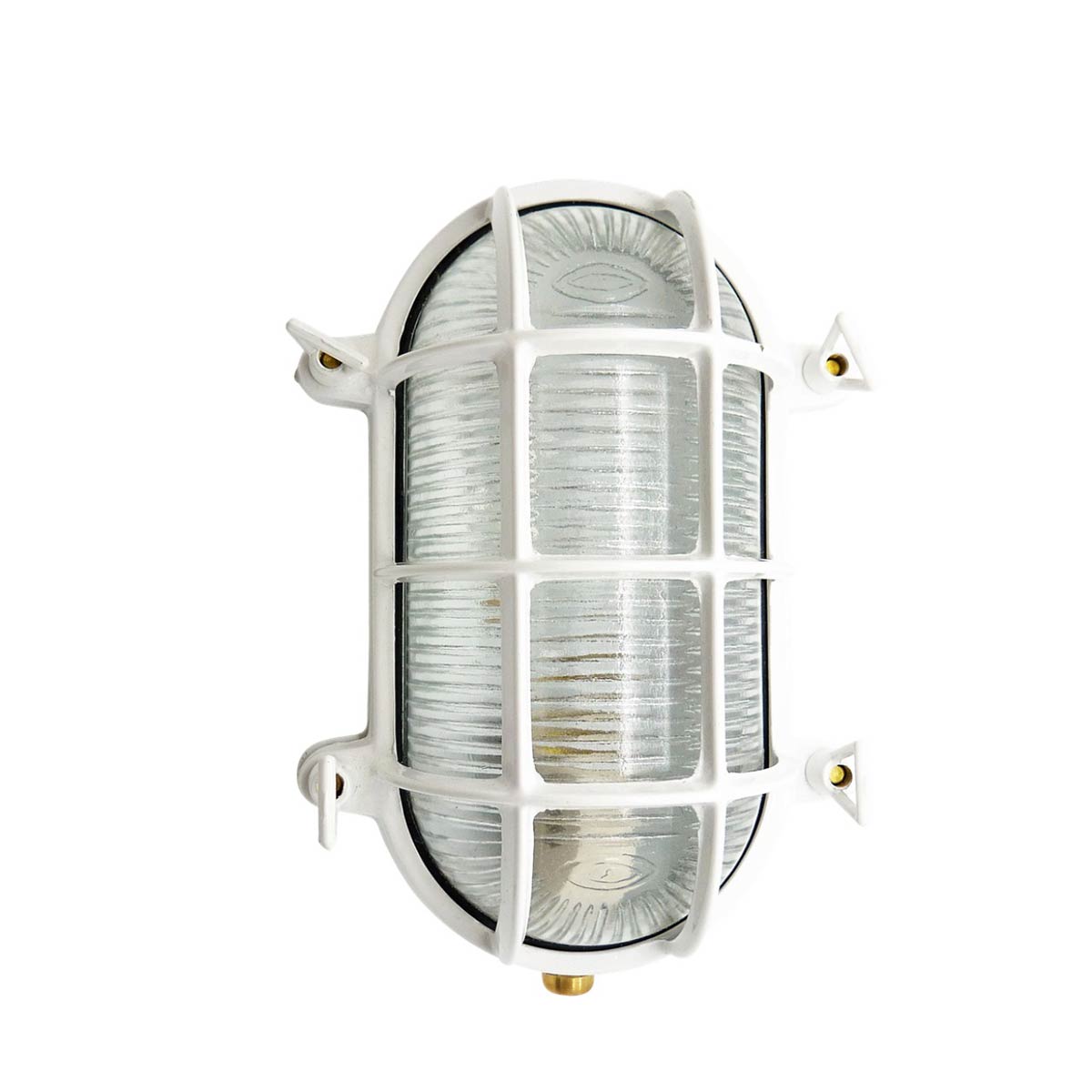 Large solid brass oval bulkhead light in white and rated IP64, vertical on white background.