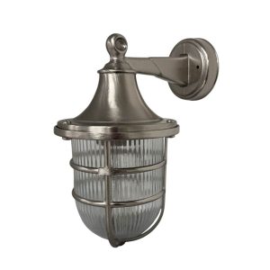 Large Tiller solid brass outdoor wall lantern in nickel finish and rated IP64, on white background.