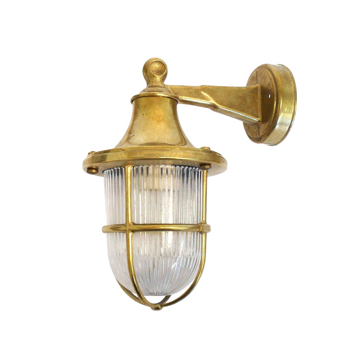Small Tiller solid natural brass outdoor wall lantern and rated IP64, on white background.