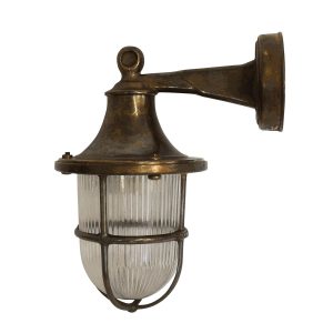 Small Tiller solid antique brass outdoor wall lantern and rated IP64, on white background.