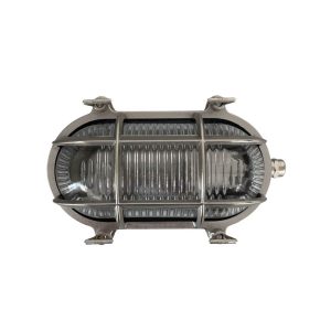 Small solid brass oval bulkhead light in satin nickel, rated IP64, on white background.