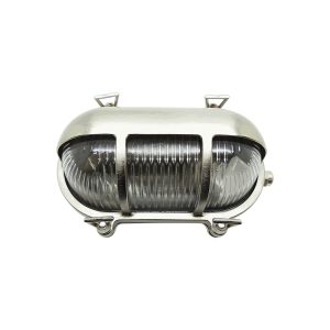 Oval eyelid bulkhead light in nickel plated solid brass and rated IP64, on white background.