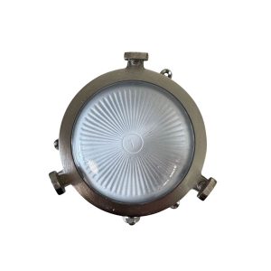 Mini Compass bulkhead light in satin nickel plated solid brass and rated IP44, on white background.
