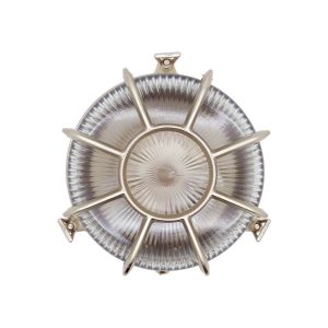 Large Capstan bulkhead light in nickel plated solid brass and rated IP64, on white background.