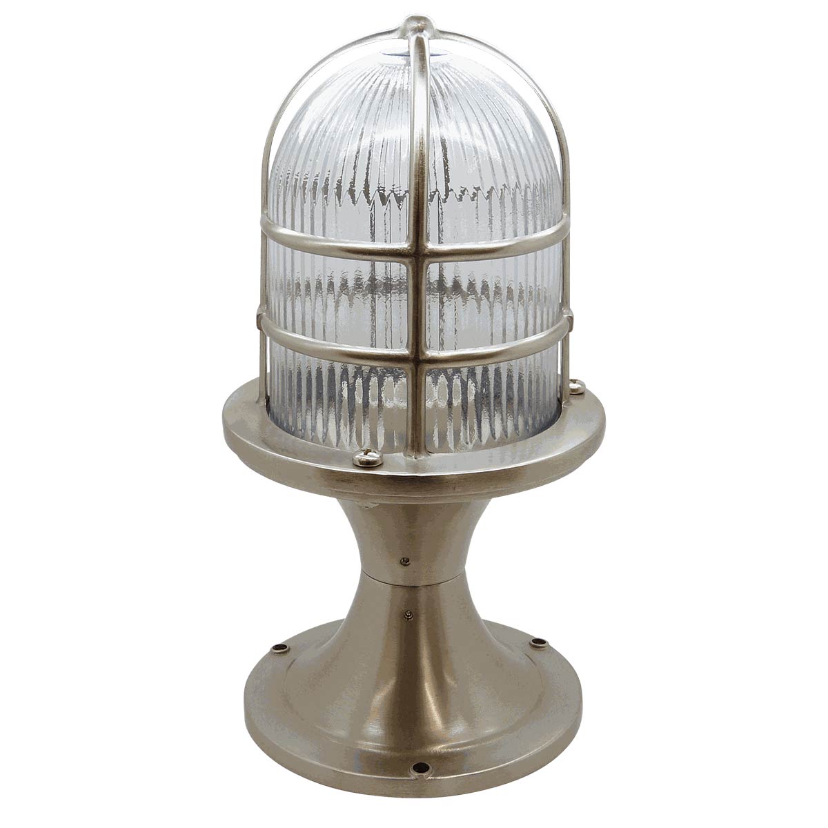 Wellington Grand post light in satin nickel plated solid brass and rated IP54, on white background.