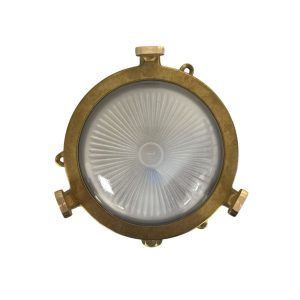 Mini Compass bulkhead light in solid raw brass and rated IP44, on white background.