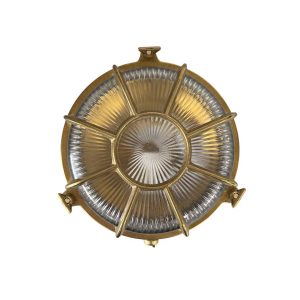 Large Capstan bulkhead light in solid natural brass and rated IP64, on white background.