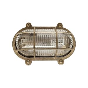 Small flush oval bulkhead light in solid raw brass and rated IP64, shown horizontal on white background.