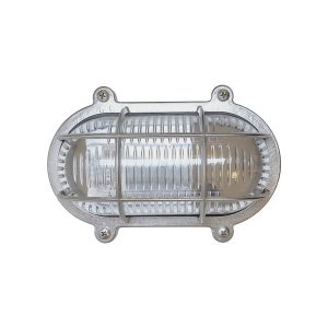 Small flush solid brass oval bulkhead light in nickel plated finish and rated IP64, shown horizontal on white background.