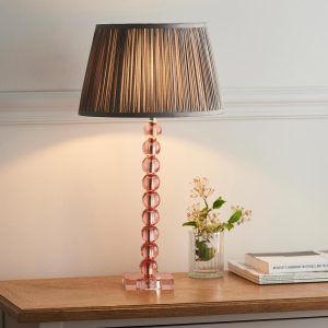 Adelie blush crystal table lamp with charcoal silk shade on living room sideboard