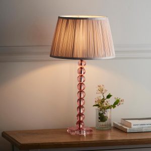 Adelie blush crystal table lamp with dusky pink silk shade on lounge sideboard