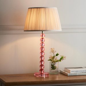 Adelie blush crystal table lamp with oyster silk shade on dining room sideboard