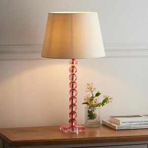 Adelie stacked blush crystal table lamp with ivory linen mix shade on dining room sideboard