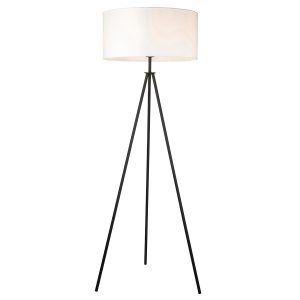 Matt black Tripod floor lamp base with vintage white shade on white background