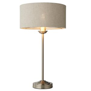 Highclere 1 light table lamp with natural linen shade in brushed chrome on white background