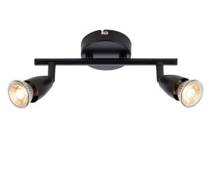 Amalfi modern 2 light ceiling spotlight bar in matt black on white background lit
