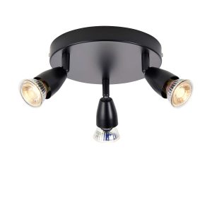 Amalfi modern round 3 light ceiling spotlight bar in matt black on white background lit