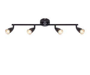 Amalfi modern 4 light ceiling spotlight bar in matt black on white background lit