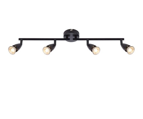 Amalfi modern 4 light ceiling spotlight bar in matt black on white background lit