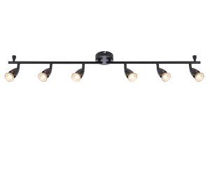 Amalfi modern 6 light ceiling spotlight bar in matt black on white background lit