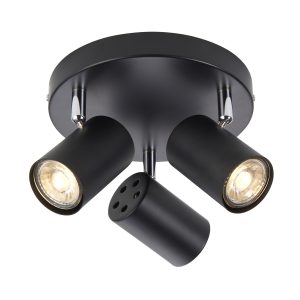 Aretzzo round modern 3 light ceiling spotlight plate in matt black on white background, lit.