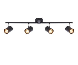 Arezzo modern 4 light ceiling spotlight bar in matt black on white background lit