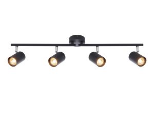 Arezzo modern 4 light ceiling spotlight bar in matt black on white background lit