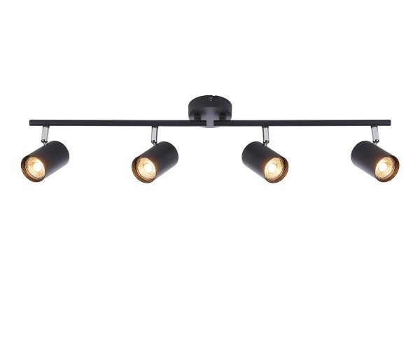 Arezzo modern 4 light ceiling spotlight bar in matt black on white background lit