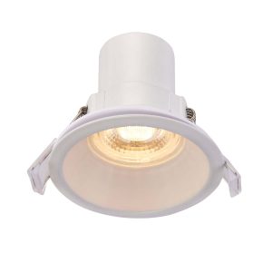 ShieldECO CCT LED anti glare downlight in matt white, lit showing warm white light