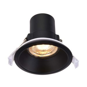 ShieldECO CCT LED anti glare downlight in matt black, lit showing warm white light