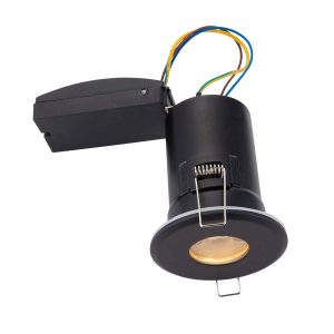 ShieldPLUS IP65 fire rated shower light in matt black as supplied on wite background