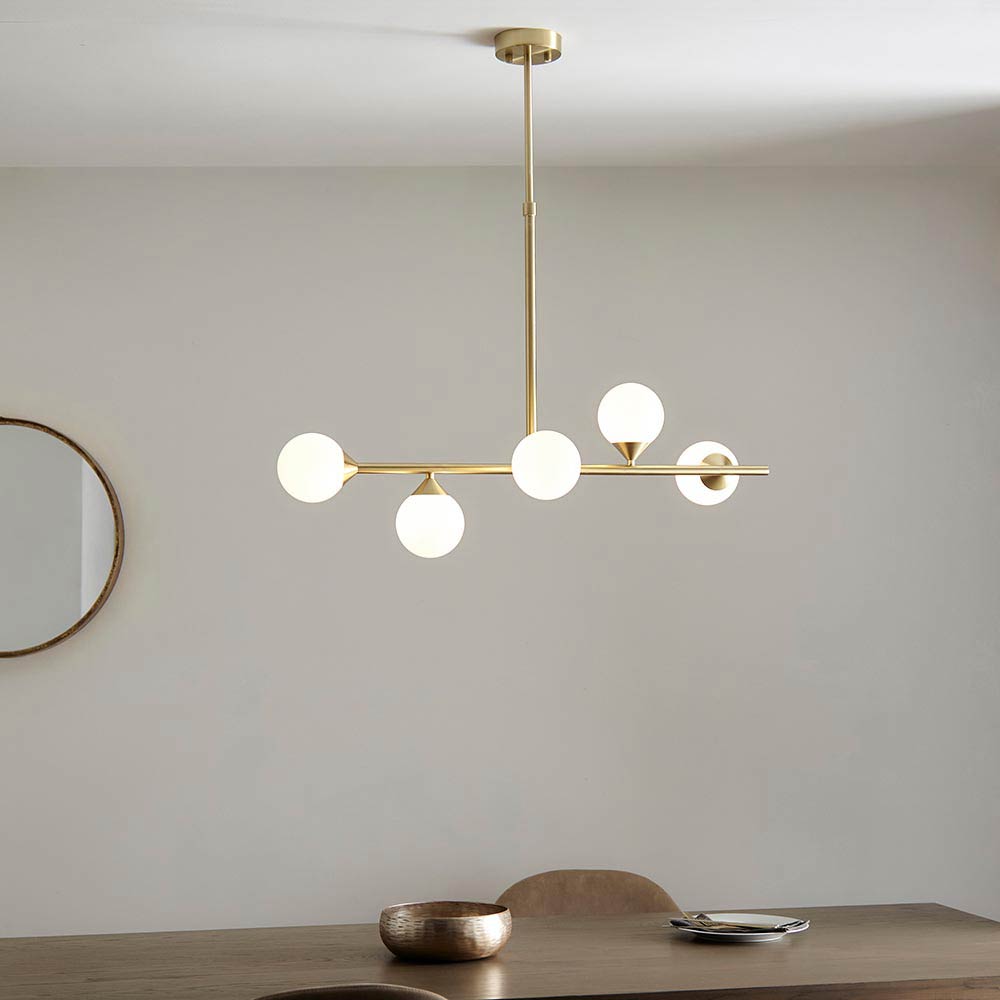 Modern 5 Light Pendant Bar in Satin Brass with Opal Glass