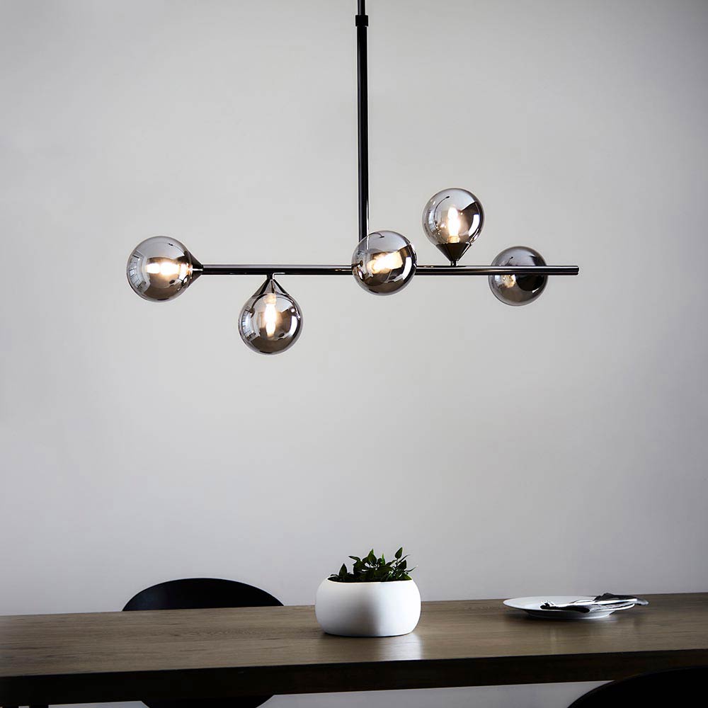 Modern Antique Silver 5 Light Pendant Bar with Smoked Glass