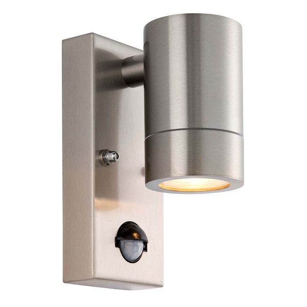 modern 316 stainless steel outdoor PIR wall down light with manual override on white background lit