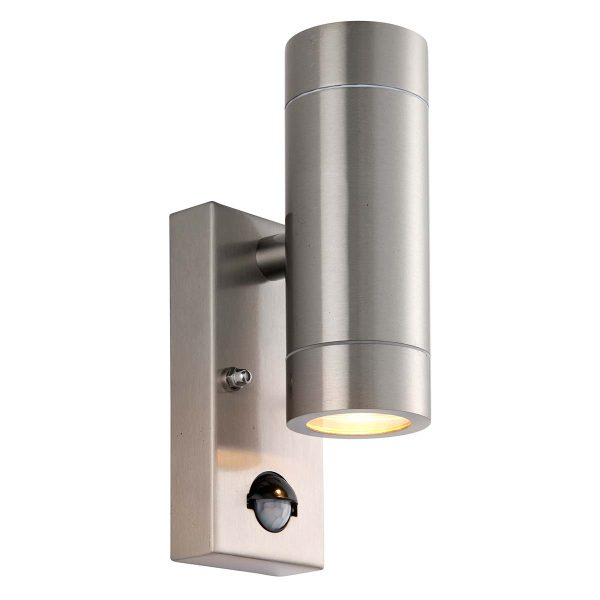 Palin modern outdoor 316 stainless steel PIR wall up and down light with manual override, shown lit on white background