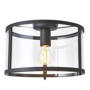 Hopton 1 lamp flush mount low ceiling light in matt black on white background lit