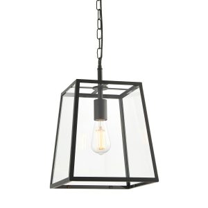 Hurst 1 light pendant lantern in matt black on white background lit