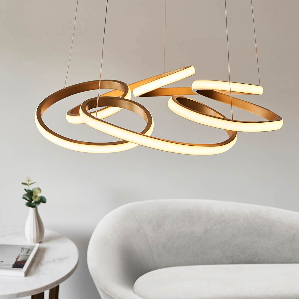 Satin Gold Modern Multi Spiral LED Ceiling Pendant Dimmable