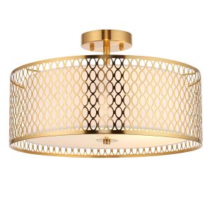 Cordero 3 light flush low ceiling light in gold finish on white background lit