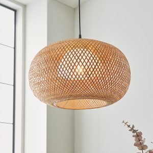 Bali single light ceiling pendant in natural bamboo in room alongside window