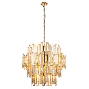 Viviana 15 light champagne crystal chandelier in polished gold, full height on white background, lit.