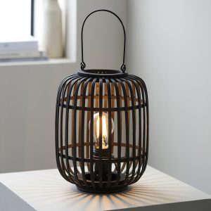 Mathias dark stained bamboo table lamp on side table