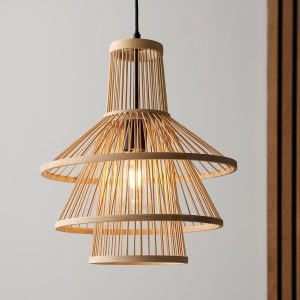 Minato tiered 1 light pendant in natural bamboo on room ceiling