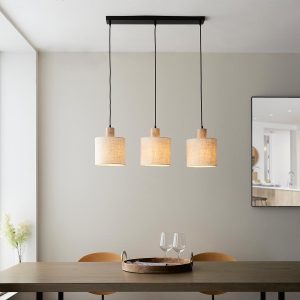 Durban 3 light bar pendant in natural wood with linen shades, full height over dining room table