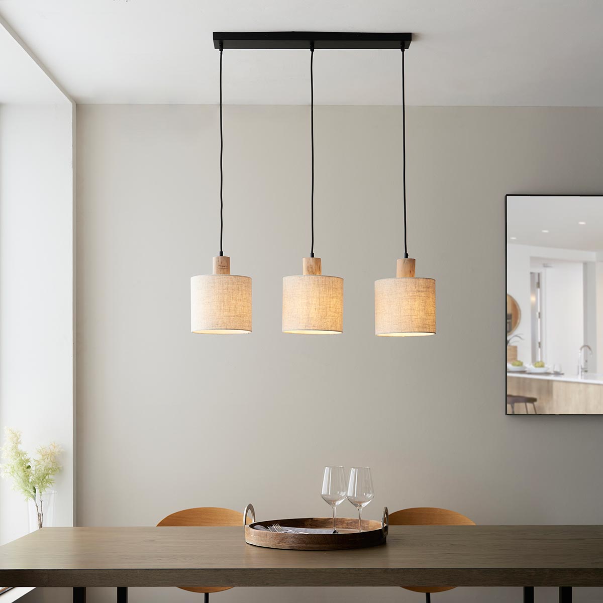 Endon Durban 3 Light Bar Pendant Natural Wood Linen Shades