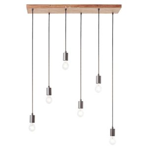 Stellan 6 light rustic ceiling pendant in stained wood on white background lit