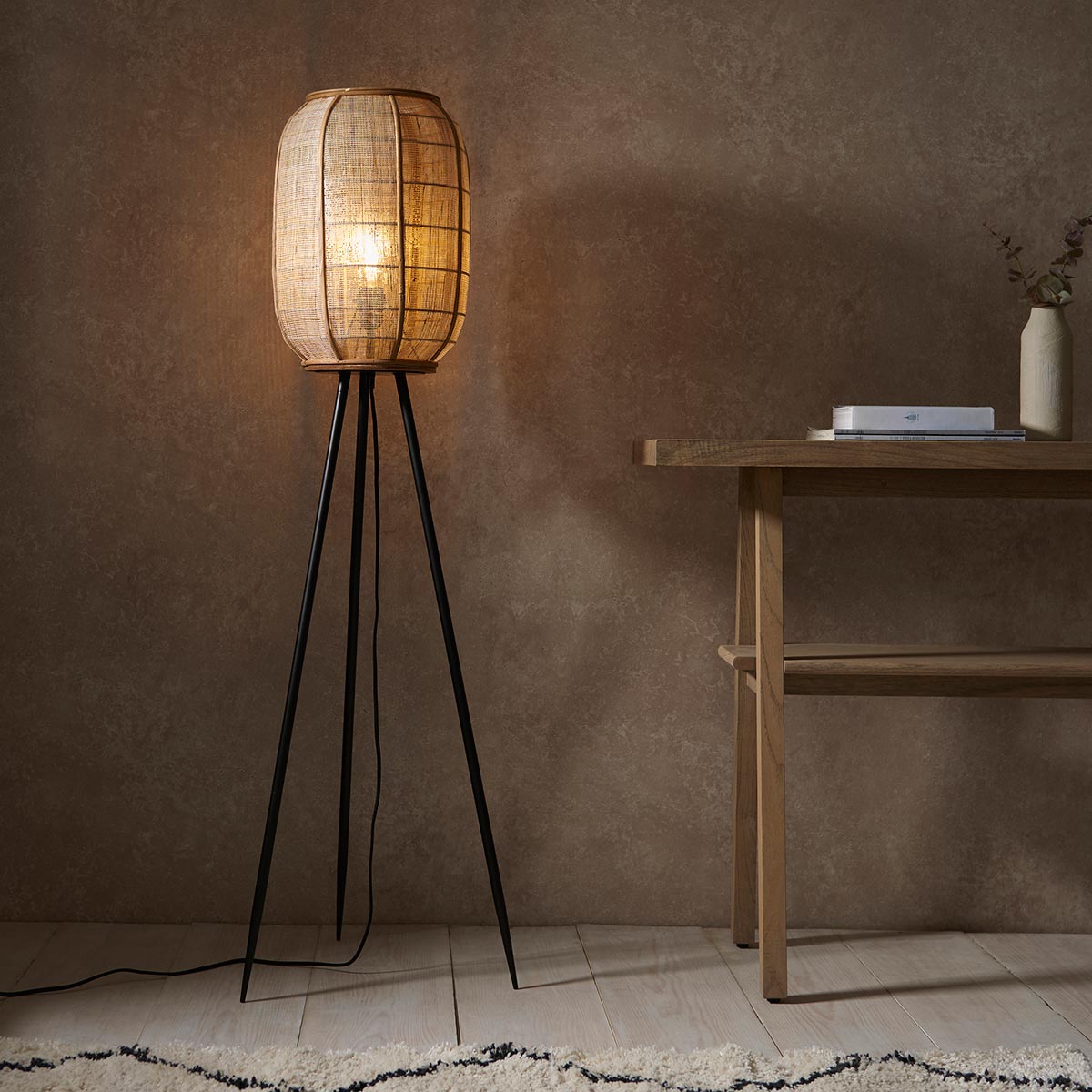 Endon Zaire Natural Linen & Bamboo Floor Lamp Matt Black